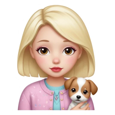 “Emoji girl, dewy skin, flushed blush across cheeks and nose, glossy cherry lips, soft puppy eyeliner, slightly teary sparkling eyes, wearing pastel cardigan.” sticker