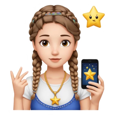 a girl wearing cute white top with a braid outing in the camera as a selfie and a star necklace in the neck  sticker