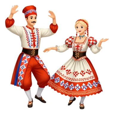 Cinematic Realistic scene of two performers engaging in the Croatian Linđo folk dance, adorned in vibrant traditional costumes with intricate patterns and accessories, captured in graceful, synchronized motion under festive natural lighting. sticker