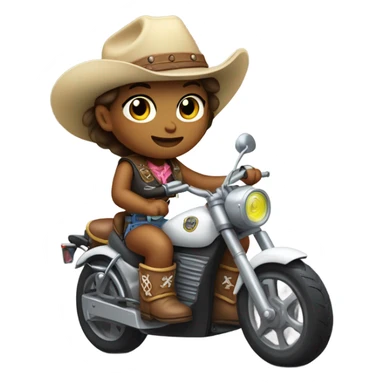 Baby girl wearing cowboy boots holding tennis racket and ridding electric motorcycle  sticker