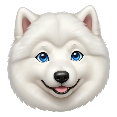 Cinematic Cute Samoyed Portrait Emoji, Head tilted playfully and inquisitively, featuring a fluffy, pristine white Fur with a natural sheen, round, sparkling blue eyes filled with curiosity, Simplified yet irresistibly adorable features, highly detailed, glowing with a warm, friendly glow, high shine, affectionate and lively, stylized with a touch of whimsy, bright and endearing, soft glowing outline, capturing the essence of a mischievous yet loving companion, so playful it feels like it could frolic out of the screen and into your arms! sticker