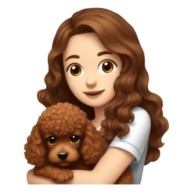 A white girl with long brown hair hugging a cute red brown toy poodle puppy  sticker