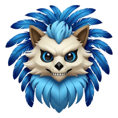 Furry Fakémon-Pokémon-animal-creature with a skull mask, and a feather-mane-collar, and blue feathers sticker