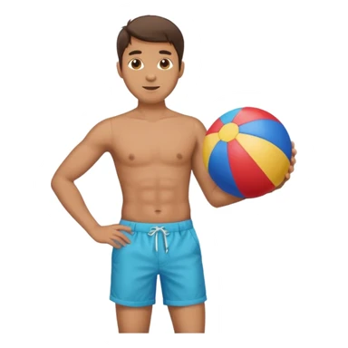 A man in Bermuda shorts as a full-body swimsuit and a beach ball sticker