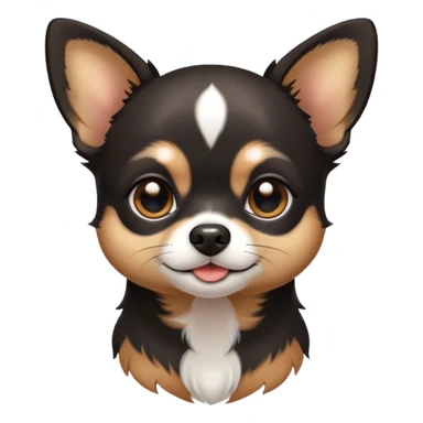 Cinematic Cute Black Tri Short Haired Chihuahua Portrait Emoji, Head tilted playfully and inquisitively, sleek black tri-color fur with bold patches of white and tan, round, sparkling dark eyes filled with curiosity, Simplified yet irresistibly adorable features, highly detailed, glowing with a warm, friendly glow, high shine, affectionate and lively, stylized with a touch of whimsy, bright and endearing, soft glowing outline, capturing the essence of a mischievous yet loving pup, so playful it feels like it could bound out of the screen and into your arms! sticker