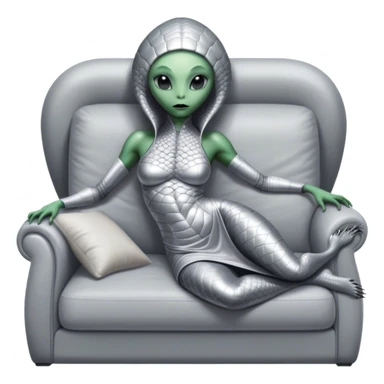 a reptilian alien woman, in silver dress, lie on couch comfy, full figure sticker