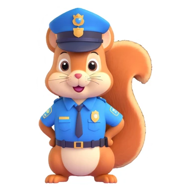 a squirrel dressed as a policeman, detailed uniform, friendly expression, standing upright, clear police hat and badge sticker