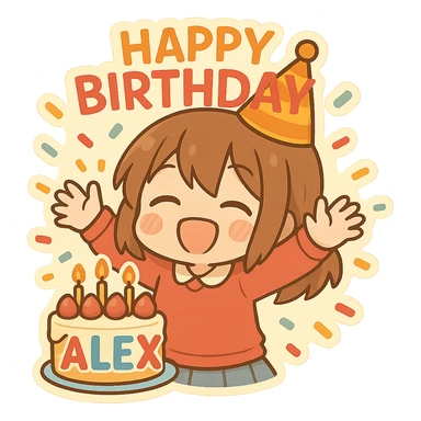 Add the name 'Alex' to the cake in a festive and colorful style, keeping the chibi sticker style with no background. sticker