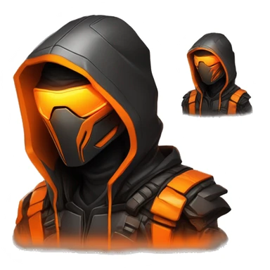 developer behind his laptop with this style : crysis Cyberpunk Valorant orange glowing bright orange character orange black hooded assassin themed character sticker
