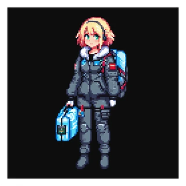 1 female, a vtuber in a cryo suit with a flight jacket, holding a medpack - SNES box art image - cutscene graphic 3/4 side perspective sticker