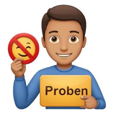 smiling man with a 'no problem' sign sticker