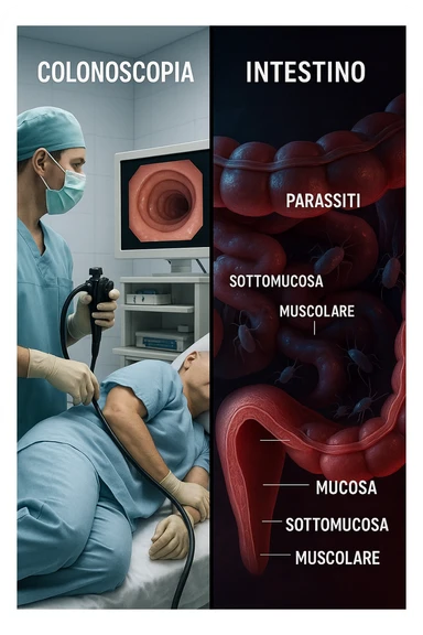 A split-screen medical illustration in cinematic style: on the left side, a doctor performing a colonoscopy on a patient in a sterile clinic, with the endoscopic camera displaying clean, healthy mucosal surfaces on a screen. On the right side, a symbolic cross-section of the same intestine — but shown in deeper layers beneath the surface, where parasitic organisms (small, translucent or shadowy figures) hide between folds and tissues not visible via standard scope. The contrast is clear: what is seen vs. what remains hidden. Lighting on the left is bright, sterile, clinical; lighting on the right is darker, with red and blue tones to suggest inflammation and invasion. Shot in hyper-realistic 3D medical style, educational but emotionally charged IN ITALIANO sticker