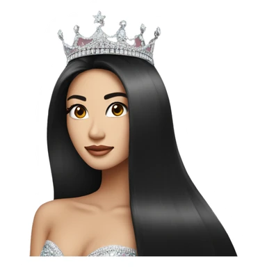 Miss universe south east Asian with very long straight black hair with a crown sticker