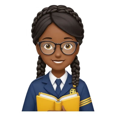 Girl student wearing uniform, glasses, hold yellow book in front of their chest, black braided hair, dark skin sticker