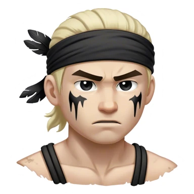A battle-worn warrior with a black headband, sweat and dirt streaked across his pale skin sticker
