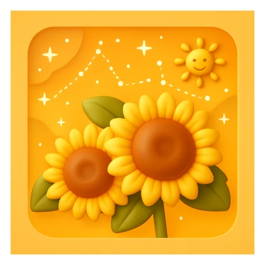3D iOS style emoji of two sunflowers with a sun and stars in the background, mimicking the colors and composition of the reference image. sticker
