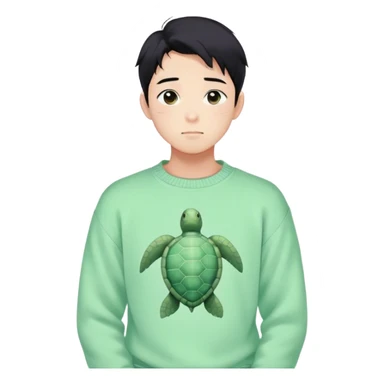 Gorgeous pastel green sweater black hair anime style shojo guy with blushing face and, turtle, aesthetic, young adult, trending style outside  sticker