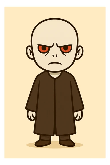 Full body illustration of Voldemort in a cute, cartoon, and simplified style similar to the provided examples. Very pale skin, no nose, striking eyes, long black robe, serious expression, with bold black lines and soft colors. sticker