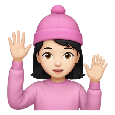 Kid in pink hat and jumper waving, black hair sticker