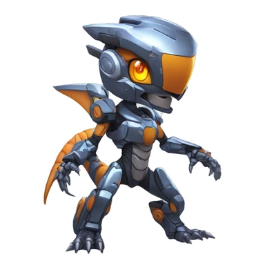 Colorful Edgy Chibi Greymon-Velociraptor-Genesect-Fakémon-Pokémon wearing a with a futuristic visor-helmet And Mecha-suit Full Body sticker