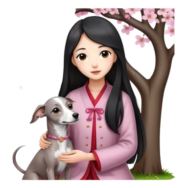 A young Chinese girl with long black hair and a pure grey Italian Greyhound with no white markings sitting under a cherry blossom tree sticker