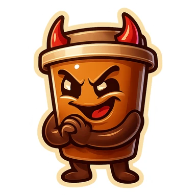 Tall coffee cup, devil horns, smirking, evil, rubbing hands together, laughing sticker