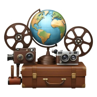 Icon for Documentary Film: A vintage movie poster-style design featuring a film reel, camera, and a globe, symbolizing exploration and learning. Include elements like books, a notebook, and historical or natural icons to represent informative storytelling. Transparent background. sticker