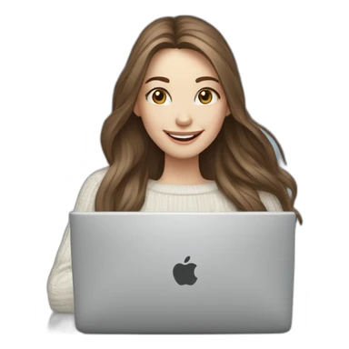 smiling woman pale skin middle brown long straight hair with a laptop with infinity logo and a coffee mug wearing a white woolly shirt having in a snowstorm sticker