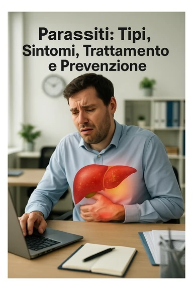 Man sitting at office desk experiencing subtle symptoms of liver dysfunction, upper abdominal pain, nausea, and unexplained fatigue Parasites: Types, Symptoms, Treatment & Prevention, expression of confusion about vague health issues, liver shown in transparent overlay with early inflammation, toxins beginning to accumulate in bloodstream, productivity declining as liver struggles to filter properly in italiano sticker