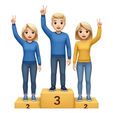 winners podium with three people no label middle step higher, all in relaxed casual clothes, center person raises one finger on each hand, cheerful expressive friendly emoji style sticker