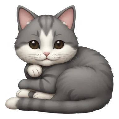 dark grey and white small cat with eyes closed, leaning his head on his paw while leaning on his elbow lying down sticker