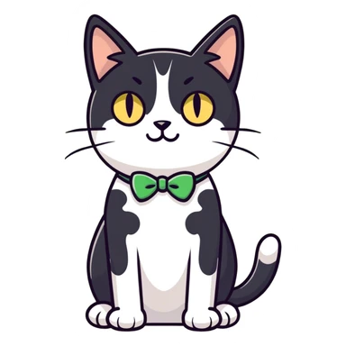 Female Tuxedo domestic short hair, more white than black similar to a cow, green/gold eyes sticker