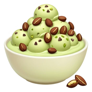 I want a emoji of pistachio ice cream with pistachio on top and some chocolate chips , make sure it’s in a bowl and aesthetic in a white bowl and make it look a little bit more green sticker