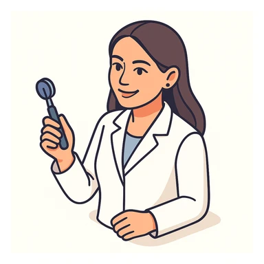 A female doctor with dark long straight hair and detailed brown eyes (not just dots), smiling, wearing a white medical coat, holding a medical instrument, in 2D isometric style with a minimalist background. Provide several variations of pose and facial expression. sticker