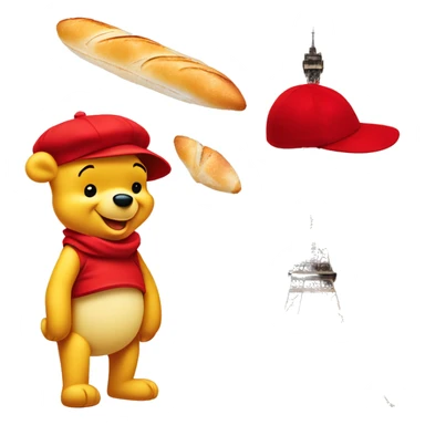 parisien style white winnie the pooh, with red beret on head and baguette in arms, and with eiffel tower in background sticker