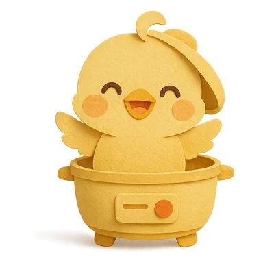 chibi egg cooker chick popping out of the lid, smiling brightly, soft yellow tones, full-body sticker