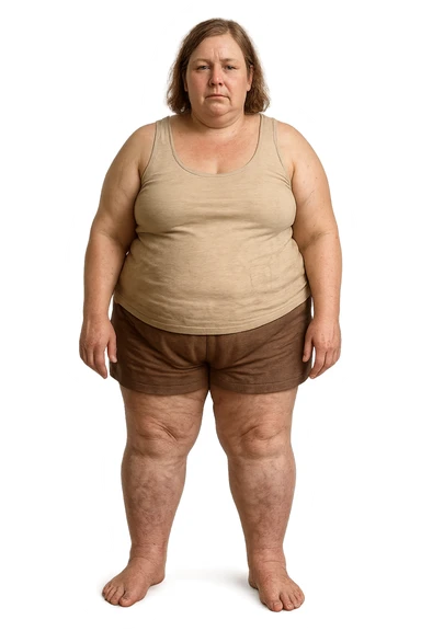 donna realistica leggermente in sovrappeso con vene visibili sulle gambe e gambe gonfie, iperrealistica 4k, IPERREALISTICA 4K sticker