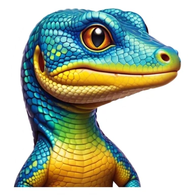 Cinematic Cute Monitor Lizard Portrait Emoji, Head tilted playfully and inquisitively, with a sleek, patterned body accented by vibrant hues and round, sparkling eyes full of wonder, Simplified yet irresistibly adorable features, highly detailed, glowing with a warm, friendly glow, high shine, affectionate and lively, stylized with a touch of exotic charm, bright and endearing, soft glowing outline, capturing the essence of a mischievous yet captivating lizard that seems as if it could scuttle out of the screen into your arms! sticker