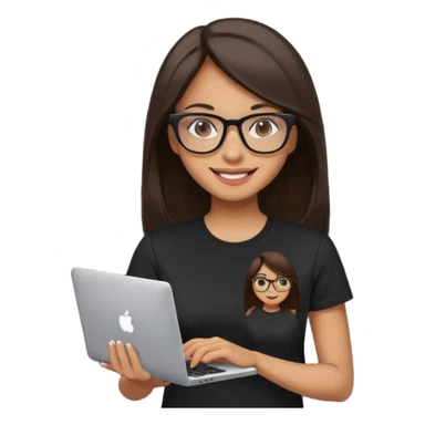 woman with tan skin, long straight dark-brown hair and glasses, smiling and holding mac computer, wearing black t shirt sticker