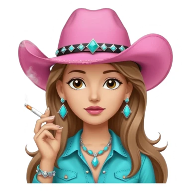 White girl, black cowboy hate with turquoise hat band sparkling, long brown straight hair, pink and black western shirt, smoking a joint,  big diamond earrings sticker