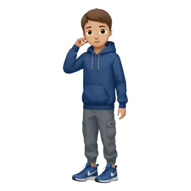 boy with brown hair light skin dark blue hoodie black cargo pants grey nike shoes sticker
