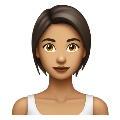 Chica morena de piel con pelo castaño oscuro listo y largo. Cara delgada, ojos marrones oscuros y labios carnosos. . Delgada . Top blanco.  sticker