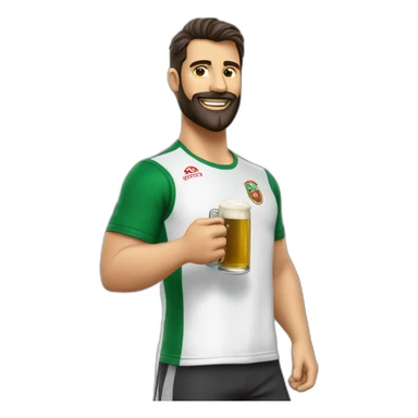 Hombre moreno con barba tomando cerveza con una camiseta del Córdoba C.F sticker