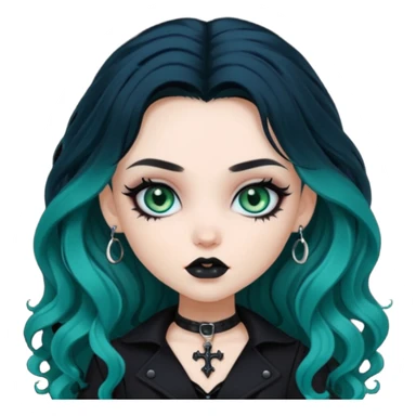 goth bratz baddie, beautiful blue-green eyes, long wavy hair, black gothic hair styled, black goth clothes sticker
