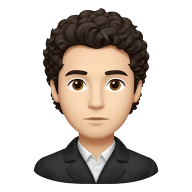 He’s a man with light to medium skin, a defined oval face, full brows, deep-set eyes, and wavy short dark brown tall puffy hair styled with height, sides are trimmed. expression calm and focused relaxed black open-collar .polished, articulate, and coach vibe. sticker