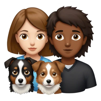 Chica morocha pelo castaño claro ojos marrones, chico con pelo corto negro y border collie marrón claro y blanco sticker