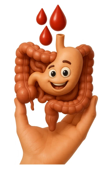 emoji stile iphone 3d di stomaco e intestino collegati verticalmente con 3 gocce di sangue 3d in mano, iperrealistiche 4k sticker