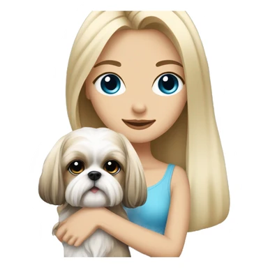 White blond girl with long hair and blue eyes holdin a small female shih tzu dog sticker