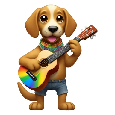 rainbow dog playing the ukulele, holding an echpochmak in its hind paw and a credit card in the other hind paw sticker