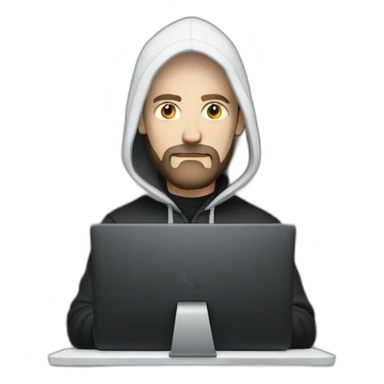 bald white man with a black beard typing on apple computer wearing a black hoodie sticker